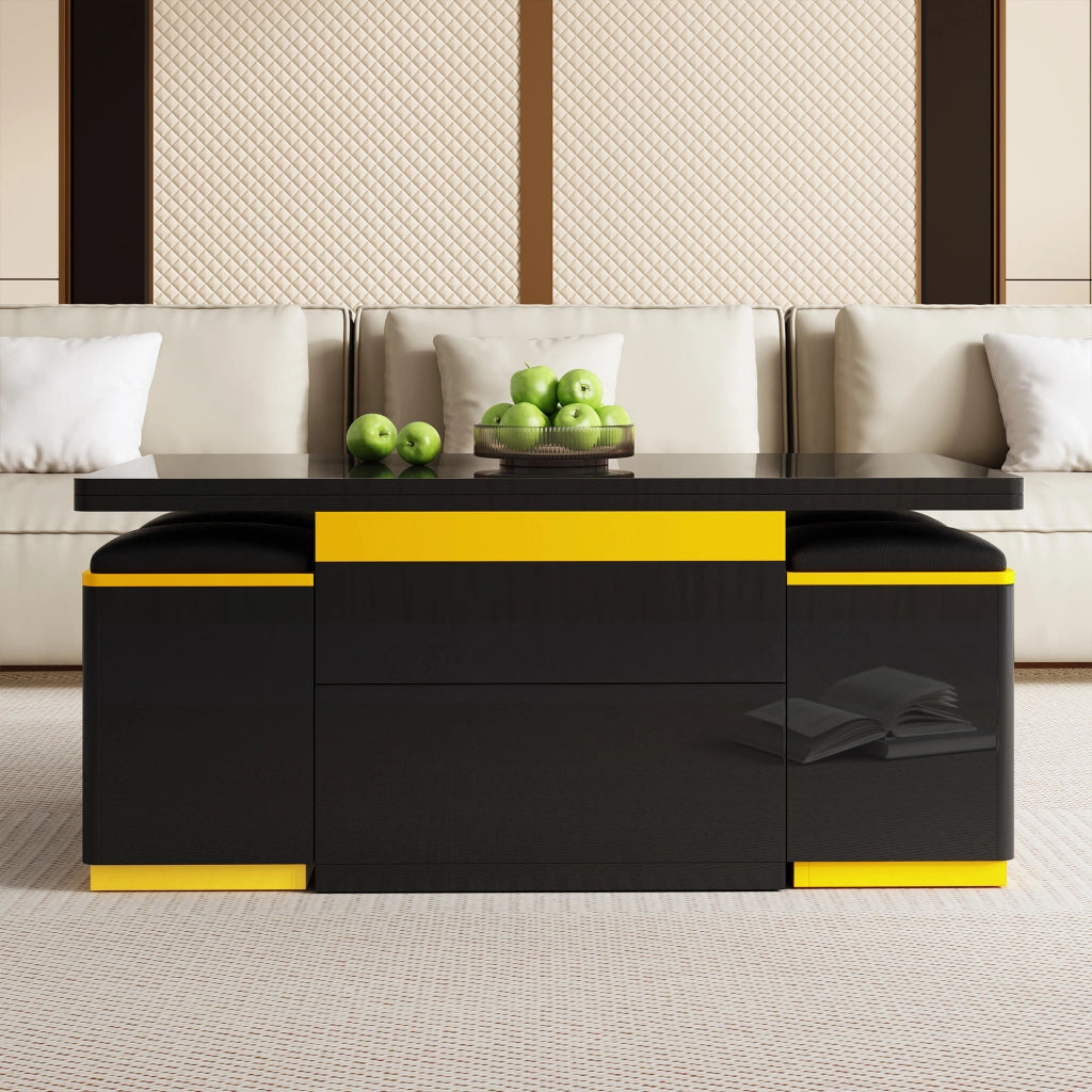 Tavolino da caffè 100x50x43 cm; sollevabile e pieghevole con contenitore; MDF e pannello truciolare nero