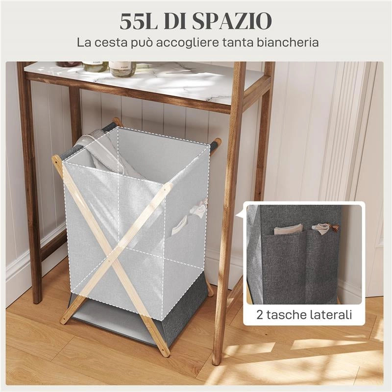 CESTO PORTABIANCHERIA PIEGHEVOLE 55L IN TESSUTO E TELAIO 41X41X64 CM IN BAMBÙ LEGNO E GRIGIO