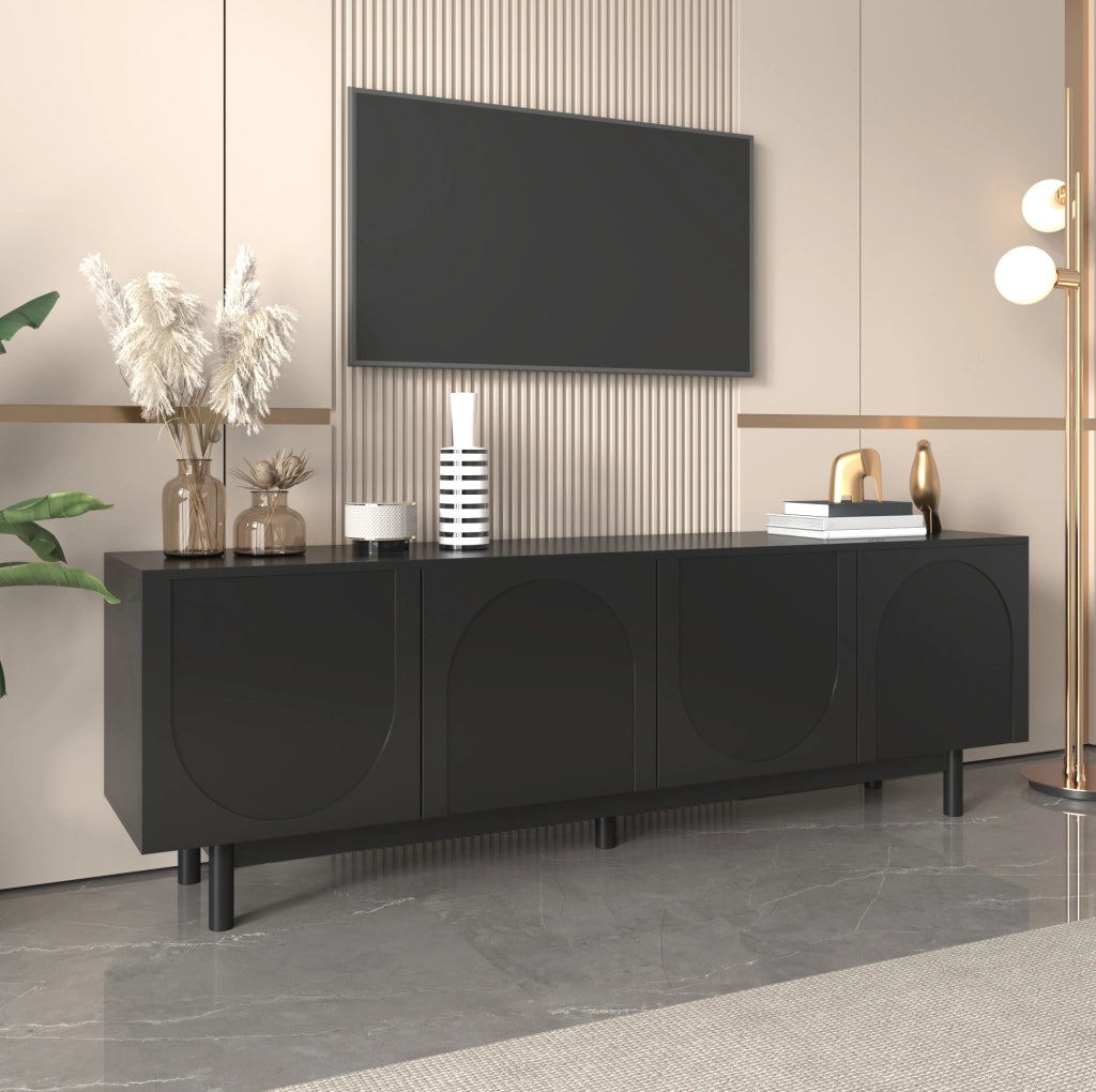 Mobile TV nero con 4 ante push-to-open e ripiani regolabili, 175x38x56 cm