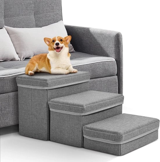 Trappola per Animali con 3 Gradini e Spazio di Deposito, Antiscivolo per Cani Piccoli, Trappola per Animali per Salire sul Letto, Ripiegabile per Cani e Gatti per la Sedia (Grigio)