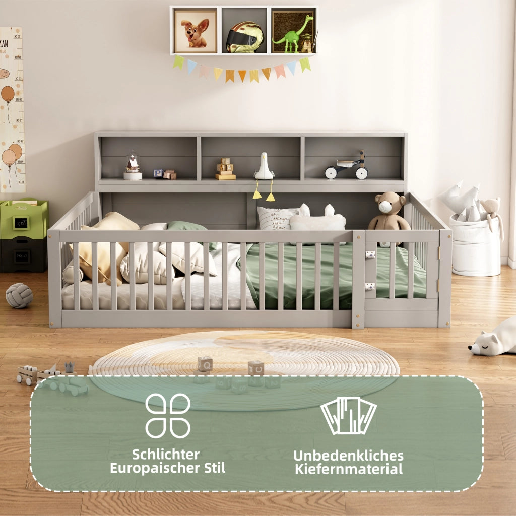 Divano letto 140×200 cm; letto matrimoniale con vani laterali; barriera di sicurezza; senza materasso; in legno di pino e MDF; grigio
