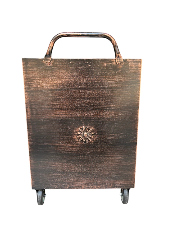 Porta Legna con Ruote, Porta Pellet, in Ferro Battuto, 52 x 50 x 84h cm, Motivo Floreale, Per Camino e Stufe Rame