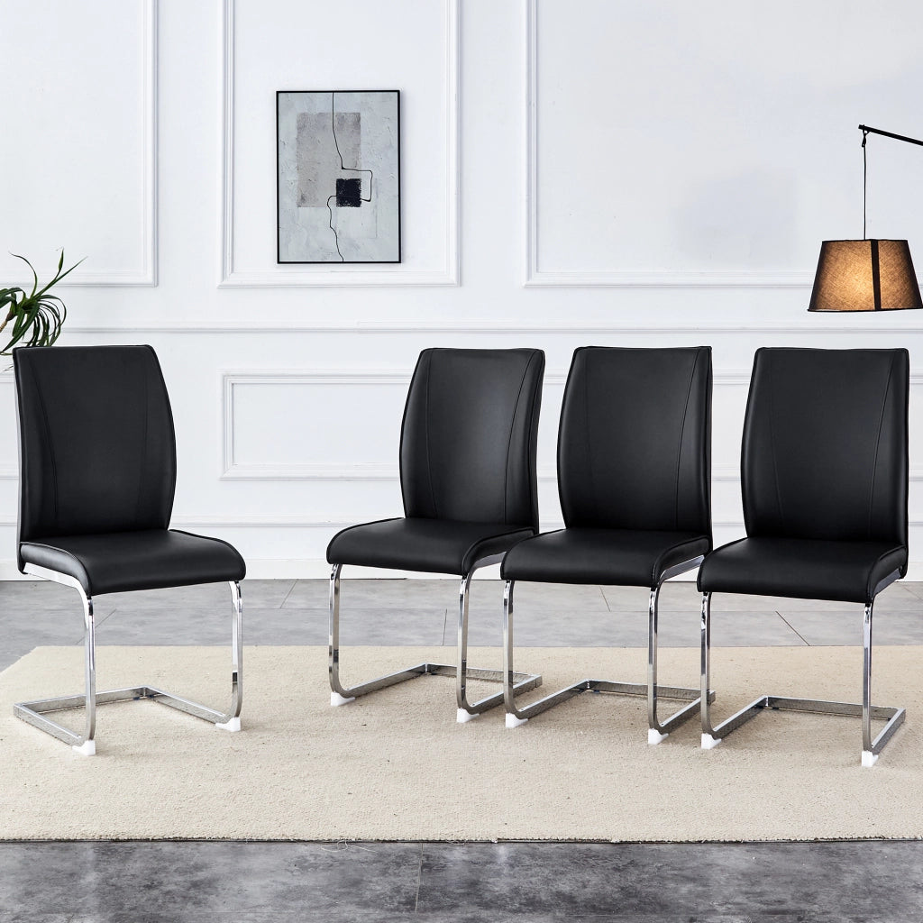 Sedie da Pranzo in Ecopelle ¨C MINIMAL ¨C Nero, Gambe in Metallo Argento, Set 4 Pezzi