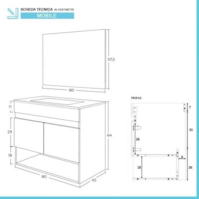 Mobile bagno sospeso 80 cm 2 ante serie Oasi rovere con specchio e lavabo