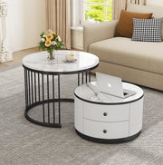 Set 2 tavolini da caffè rotondi con 2 cassetti; effetto marmo lucido; MDF; bianco/nero