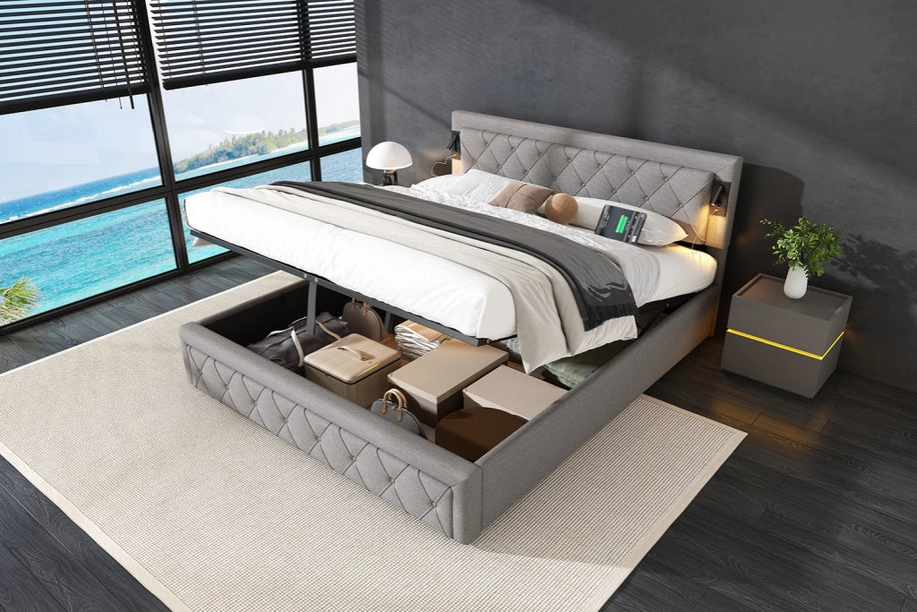 DESMIU Letto contenitore 180 × 200 cm 2 posti con LED, USB e sollevamento idraulico, senza materasso, in lino, grigio