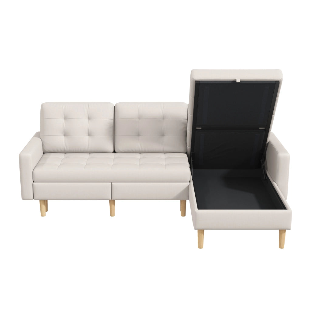 Divano angolare con chaise longue reversibile e doppio spazio contenitore per soggiorno moderno in tessuto beige