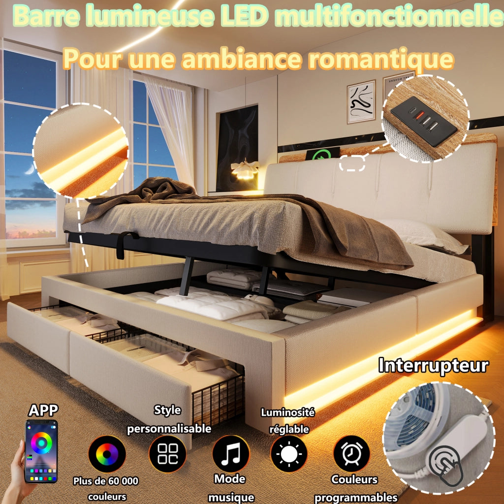 Letto Contenitore 140x200 cm; USB; Type-C; LED; con Cassetti; in Lino; Beige
