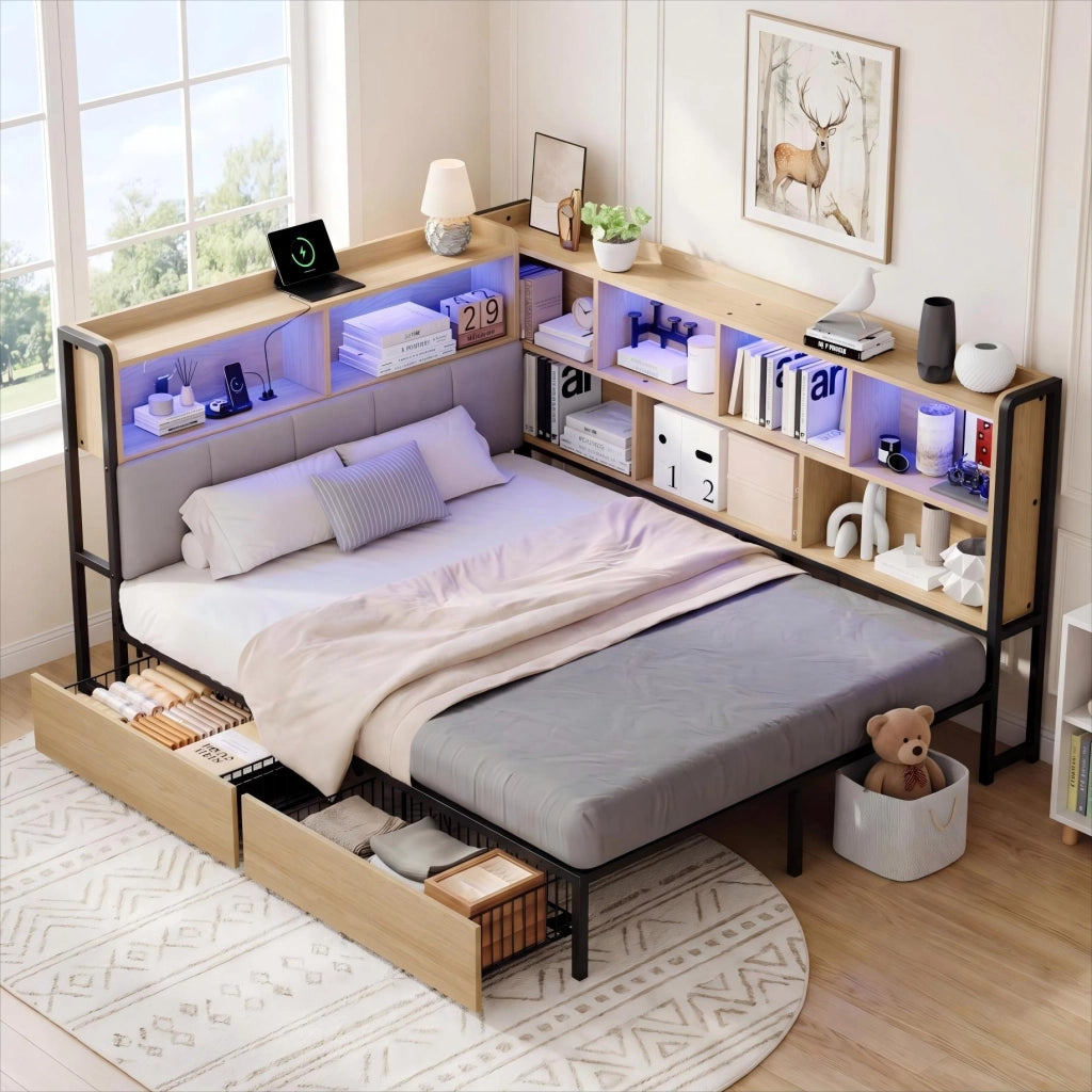 Letto Imbottito con LED, USB, Cassetti e Rete a Doghe in Metallo ¨C MINIMAL ¨C 140x200