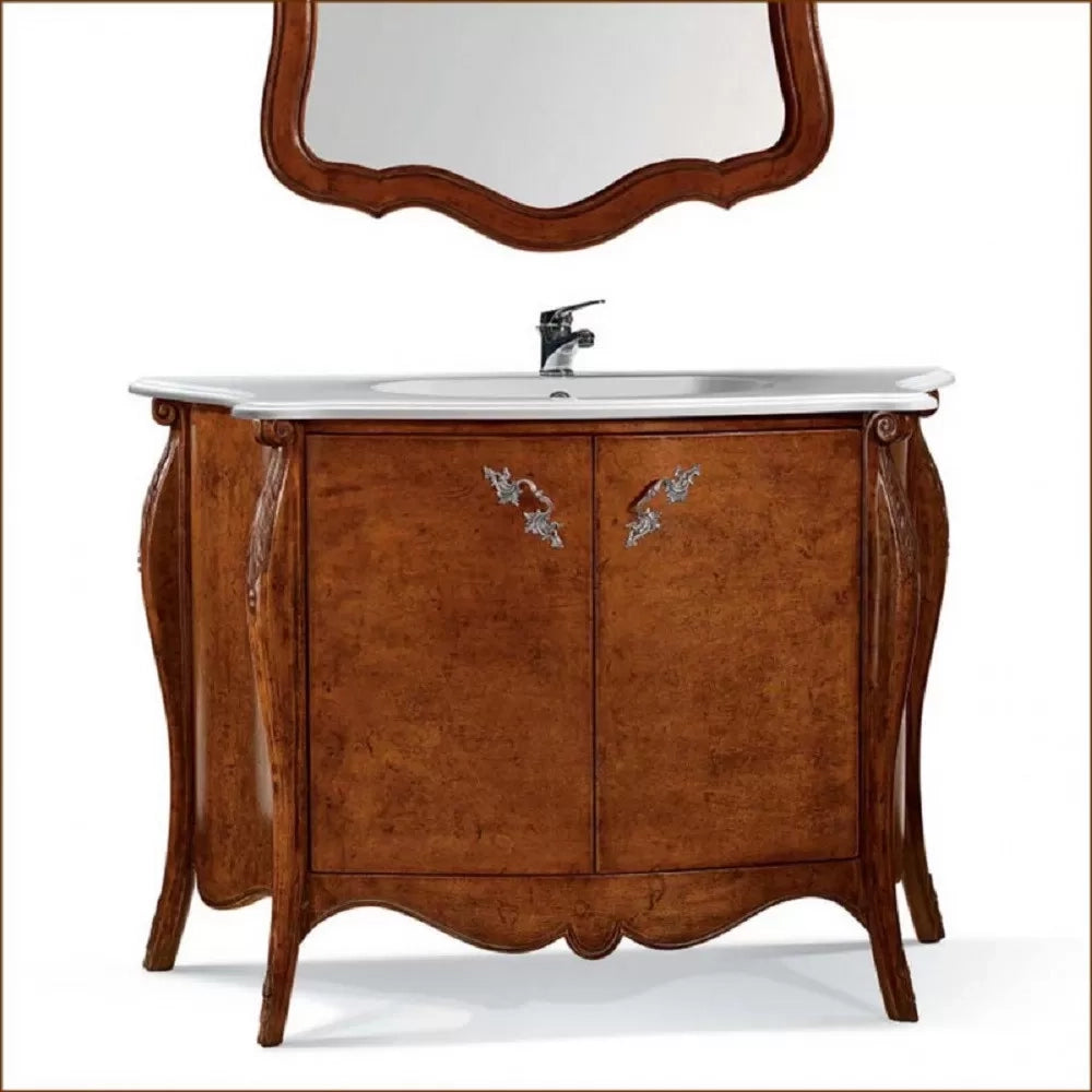 Mobile bagno bombato 122 cm in legno lavabo 2 porte e specchio