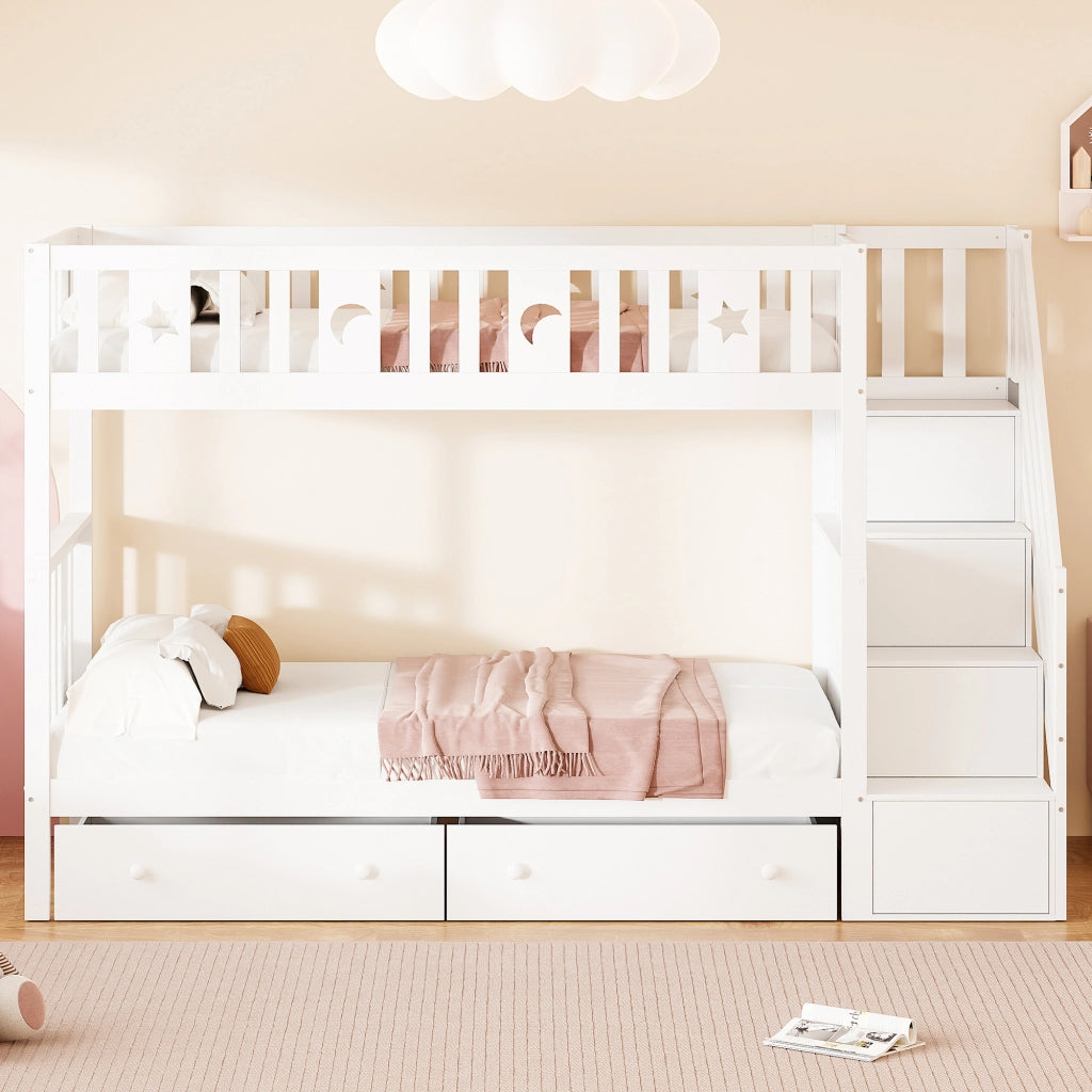 LETTO a castello 90x200 cm bianco con scala contenitore e 2 cassetti