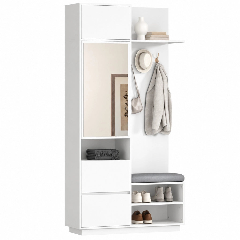 Guardaroba da ingresso 5 in 1 con specchio, seduta e scarpiere