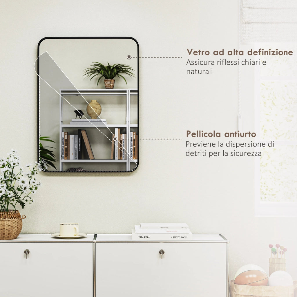Specchio Bagno con Cornice in Metallo e Gancio, 60x2.5x80 cm, Nero