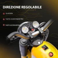 Moto Elettrica per Bambini a 3 Ruote con Luci e Suoni, Batteria Ricaricabile 6V, Velocità 2 km/h, per Bimbi da 18-36 Mesi, 72cmx57cmx56cm Gialla