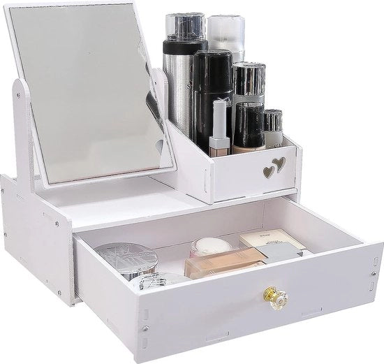 Organizzatore di cosmetici, organizzatore di makeup con specchio, organizzatore di cosmetici bianco, organizzatore di makeup con prese per commode/sala da bagno/camera da letto (specchio quadrato)
