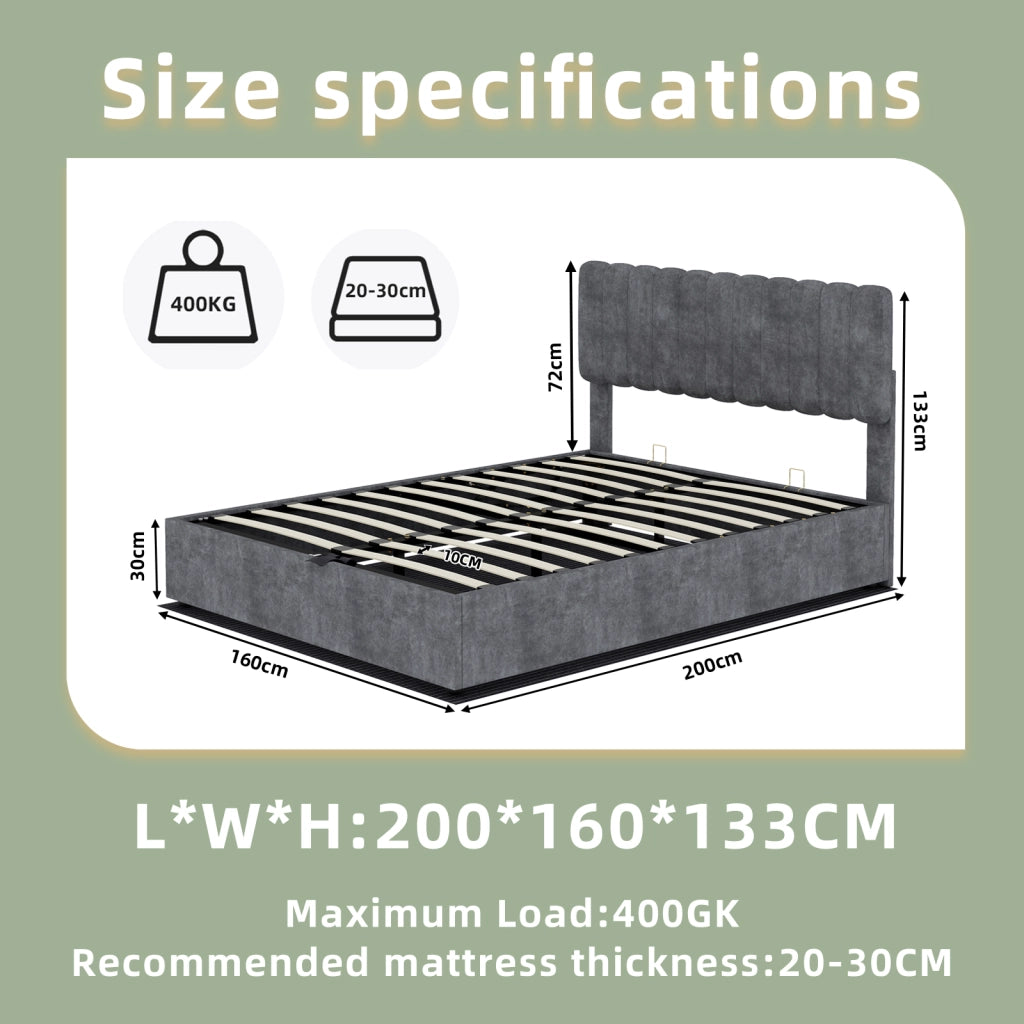 Letto matrimoniale 160 × 200 cm in tessuto, senza materasso, struttura stabile in metallo, grigio