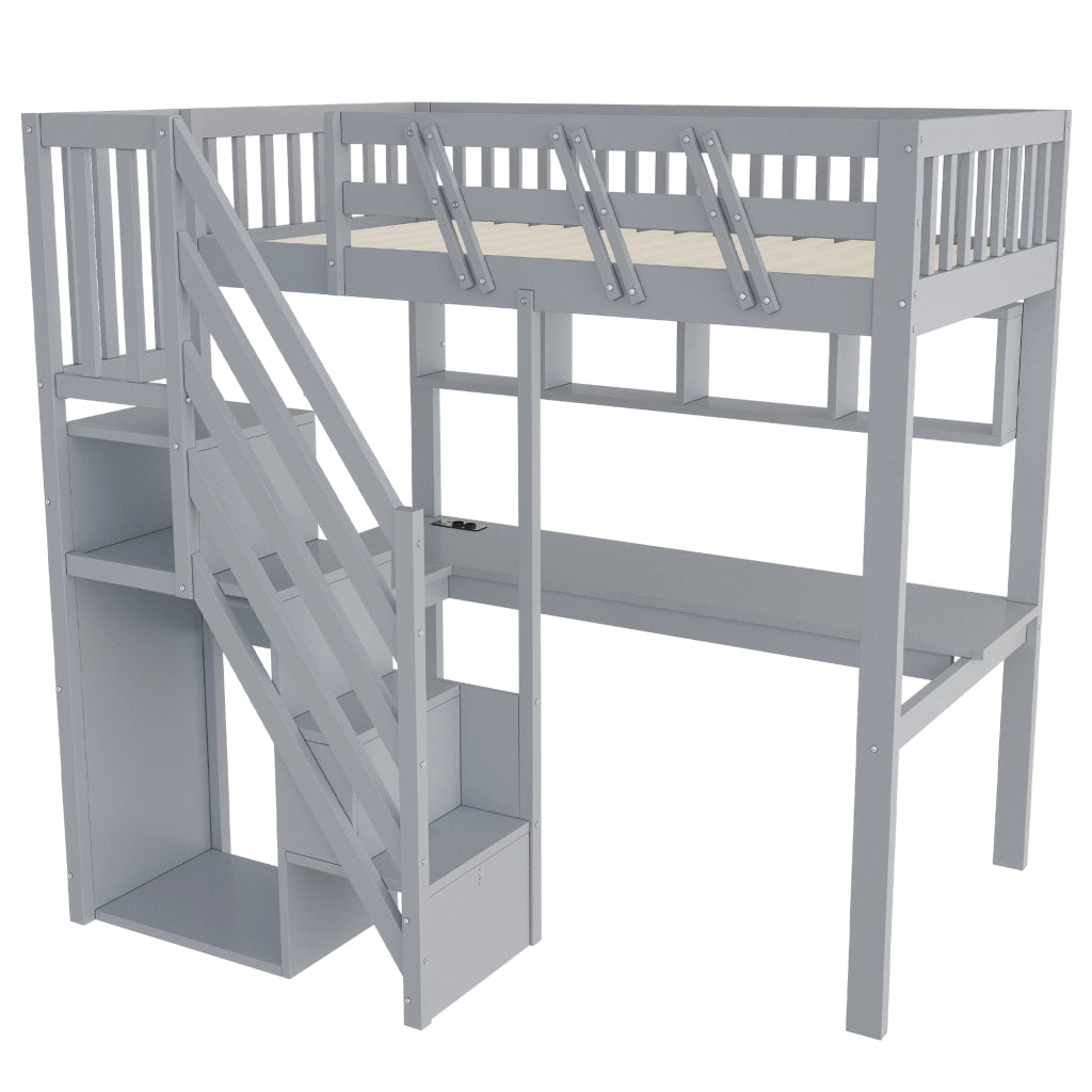 Letto a soppalco 90x200 cm con scrivania; scale contenitore e LED; grigio