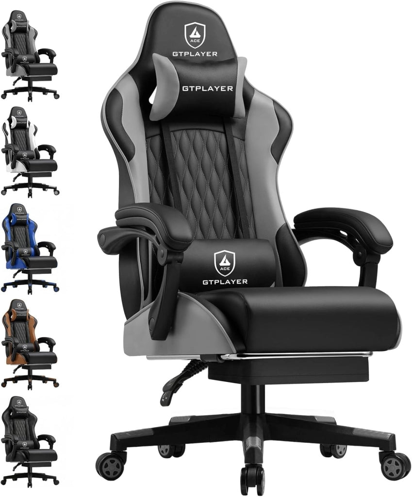 Sedia Gaming, Sedia Gamer ergonomica con poggiapiedi e seduta a molle, altezza regolabile, poggiatesta e supporto lombare, carico massimo 150 kg, colore: grigio
