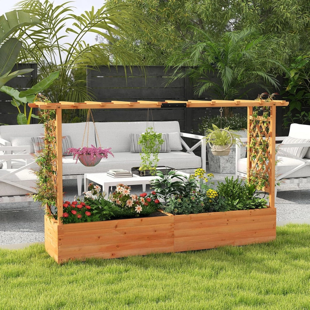Fioriera rialzata con traliccio, 200 x 44 x 114 cm, fioriera con traliccio e tetto, aiuola rialzata per giardino, balcone, legno, per fiori, piante rampicanti e cesti sospesi, arancione