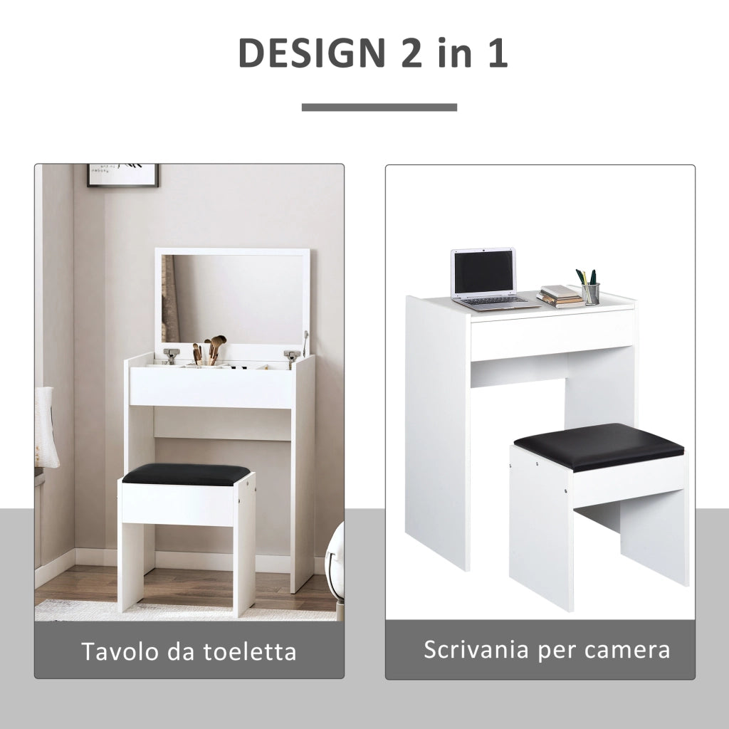 EasyComfort Postazione Trucco con Specchio Richiudibile, Toeletta Trucco Moderno, con Sgabello, Vano Contenitore a 10 Scomparti, MDF Bianco, 60.2 x 40.2 x 79cm