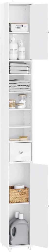 Bianco Lucido Mobile Bagno Salvaspazio Colonna Bagno - Mobiletto Bagno Stretto 20x20x180cm con 6 Ripiani Regolabili e Cassetto - Armadietto Bagno Alto per Piccoli Spazi BZR167-GW