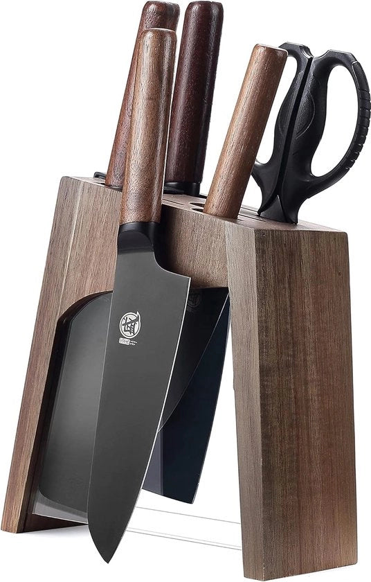 Set di 6 utensili per cucina in acciaio giapponese con lama staccabile e contenitore in legno di noce