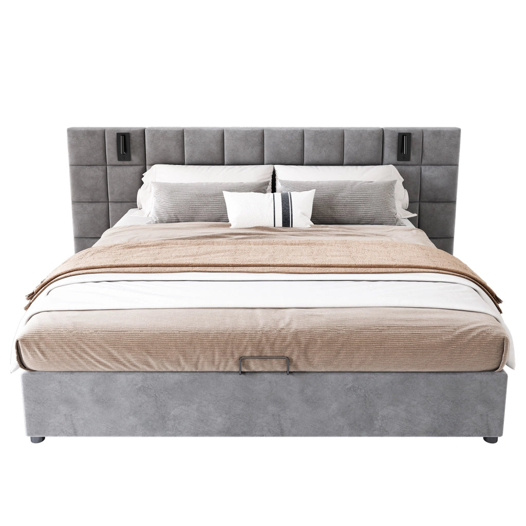 OKWISH Letto Contenitore 180×200 cm, Letto Matrimoniale con Contenitore, Lampada da Lettura Regolabile e USB, senza Materasso, Acciaio, Grigio