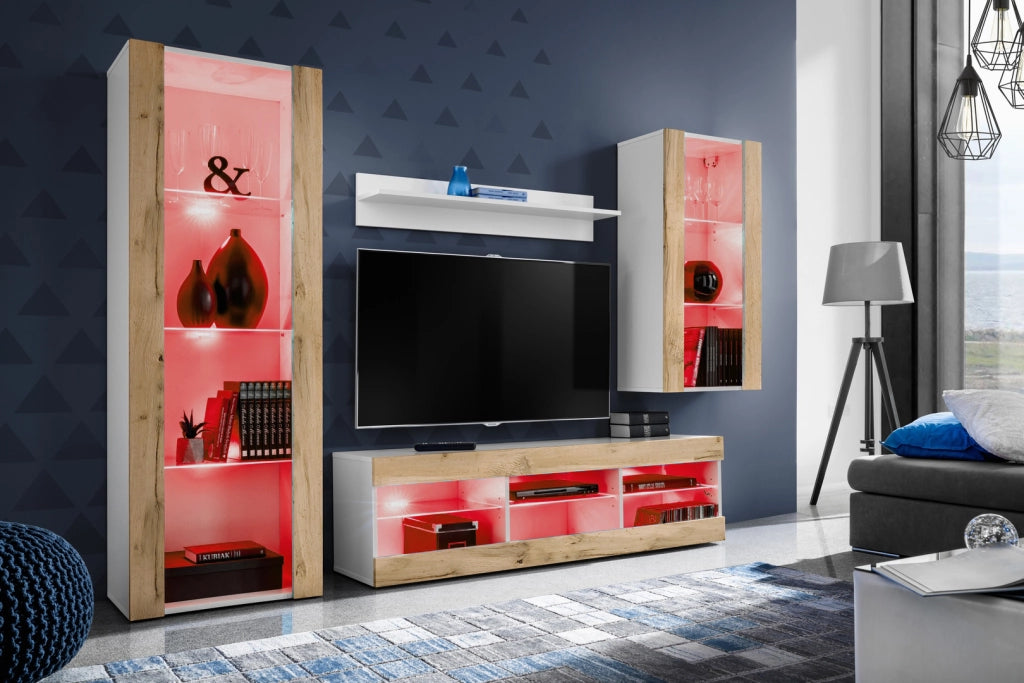 Set Di Mobili Porta TV Tivoli Medio, Komodee, Bianco/Wotan, LED RGB, Larghezza 245 cm x Altezza 159 cm x Profondità 35 cm, Per soggiorno, Camera da letto