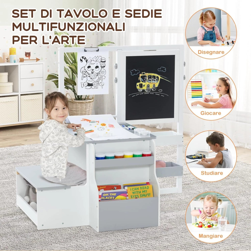 Set 3 in 1 Tavolo e Sedie per Bambini 3+ Anni, Tavolo in Legno Sicuro con Lavagna Cancellabile, Magnetica, Cavalletto Regolabile, Libreria e Accessori Artistici, per Disegno (Bianco e Grigio)