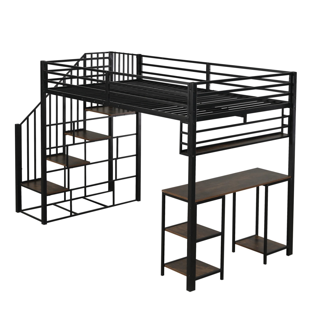 Letto a soppalco 120x200 cm con scrivania e scaffale in ferro e truciolare nero e noce scuro