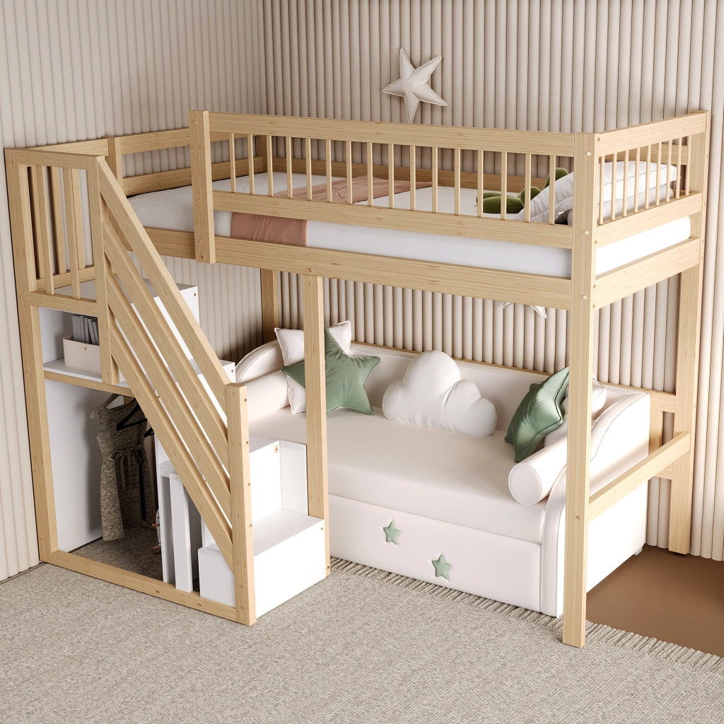Letto singolo in legno massello naturale con scala e contenitori integrati 90x200 cm