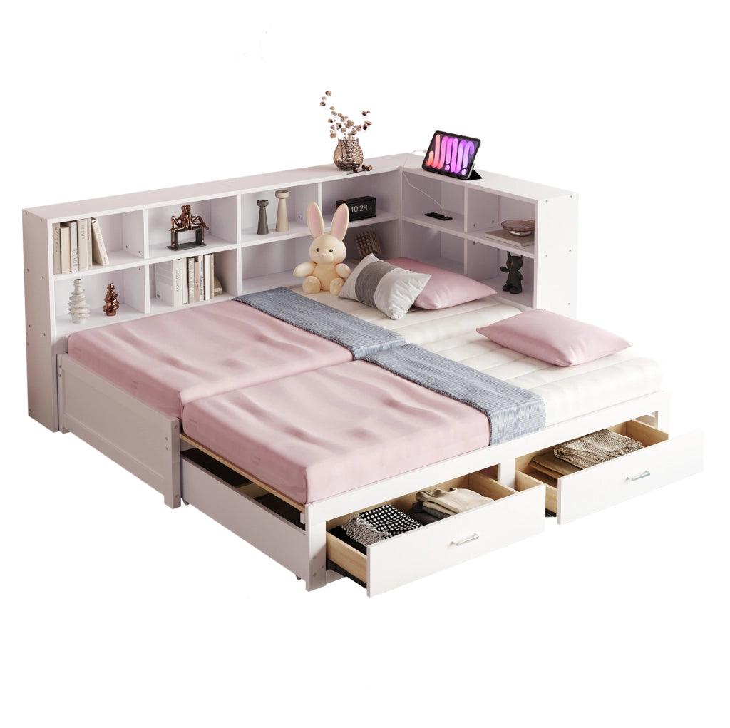 Letto multifunzione 90/180x190 cm con letto estraibile; contenitore; legno; bianco