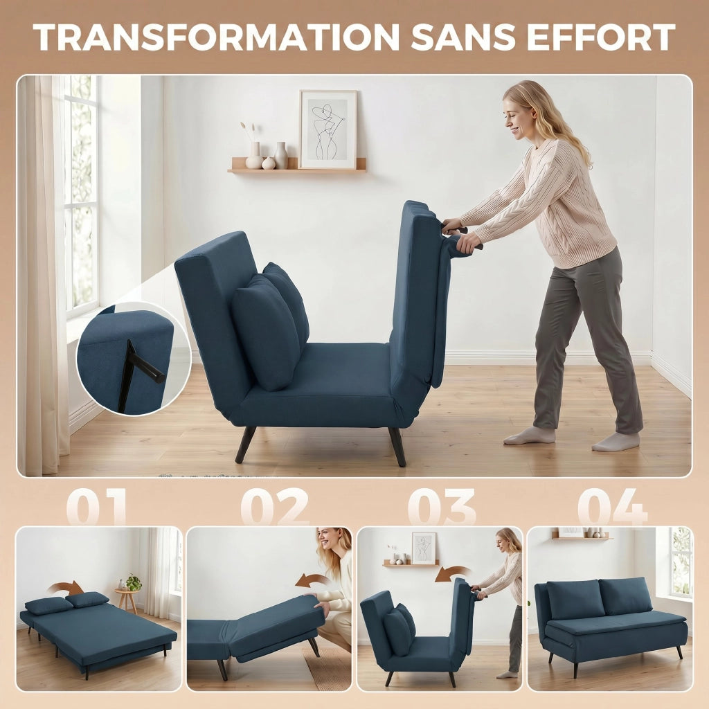 Divano Letto Clic-Clac 2 Posti ¨C Xylo ¨C Blu con Schienale Regolabile e Cuscino