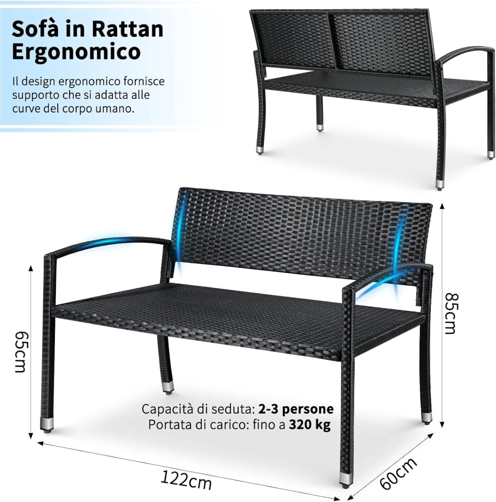 Panca da Giardino in Rattan, Resistente Alle Intemperie, Panca da Balcone a 2 Posti, 122x60x85 cm, Rattan Monofacciale, Sedia da Giardino per Esterno, Terrazze e Balcone, Nero
