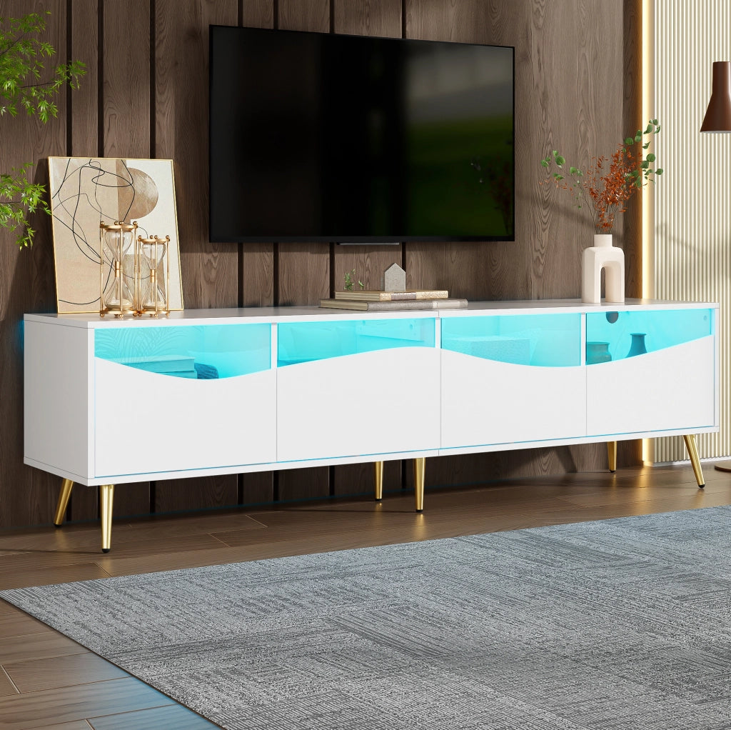 Mobile TV moderno 180 x 40 x 50 cm in MDF bianco con LED; frontali in vetro e cavi ordinati