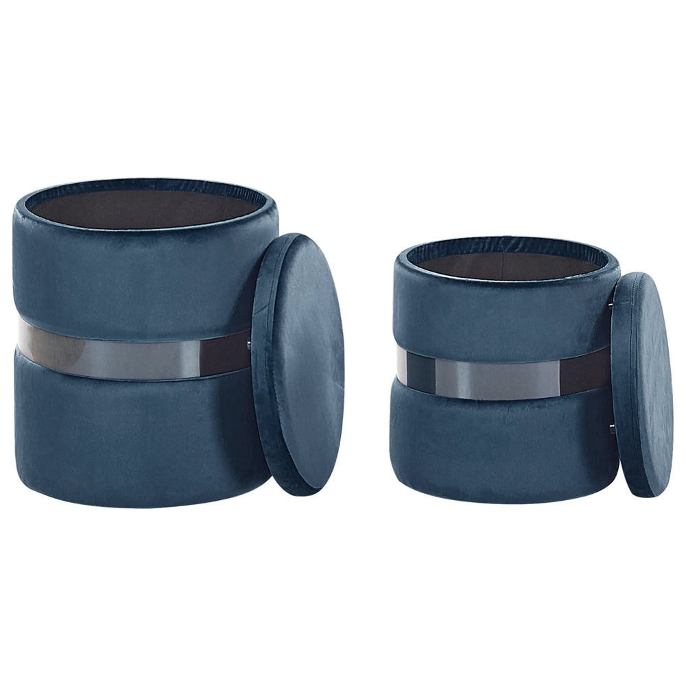 Set di 2 pouf portaoggetti in poliestere azzurro con rivestimento in velluto e poggiapiedi stile glam