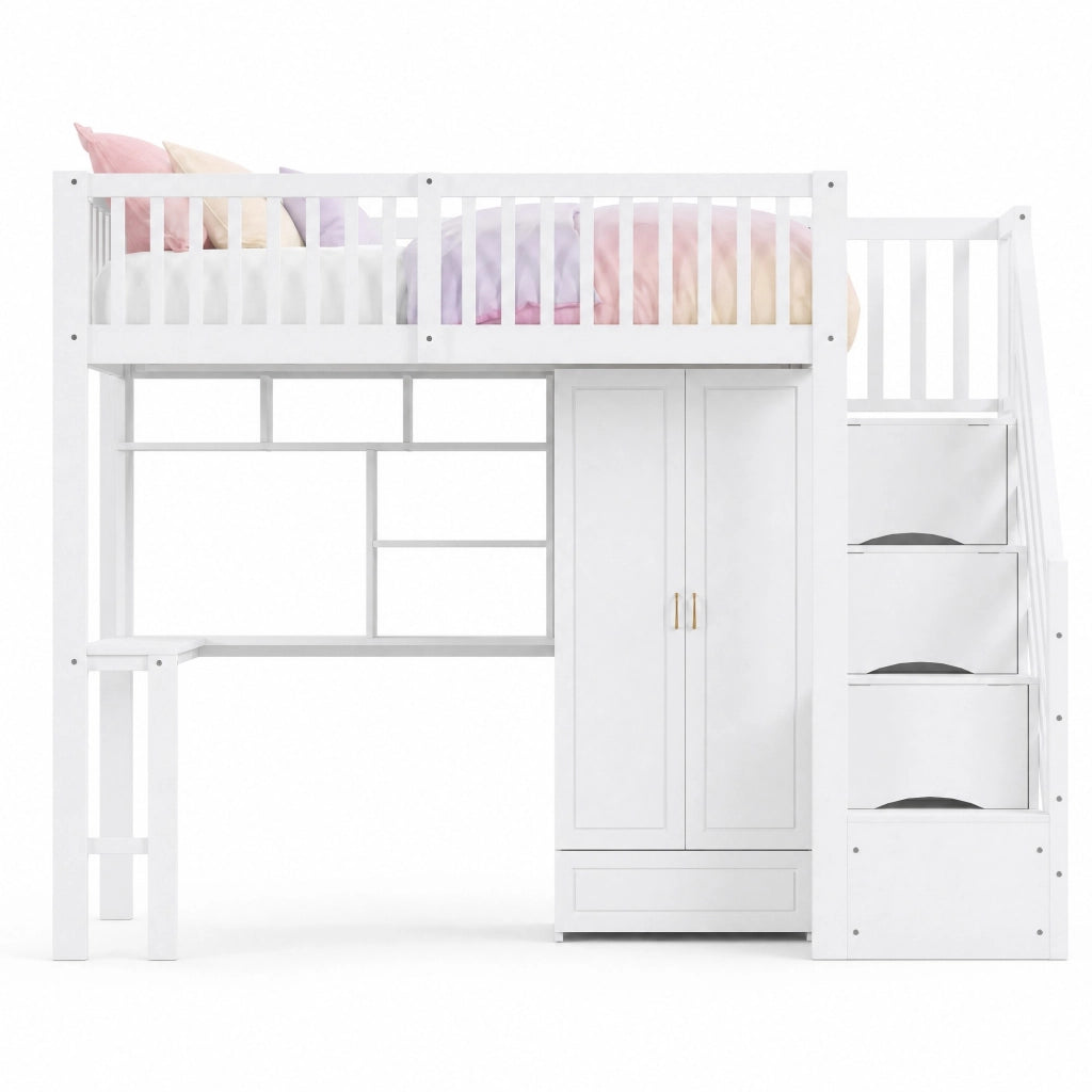 Letto a soppalco 90x200 cm in legno massello bianco con armadio; tavolo e scala contenitore