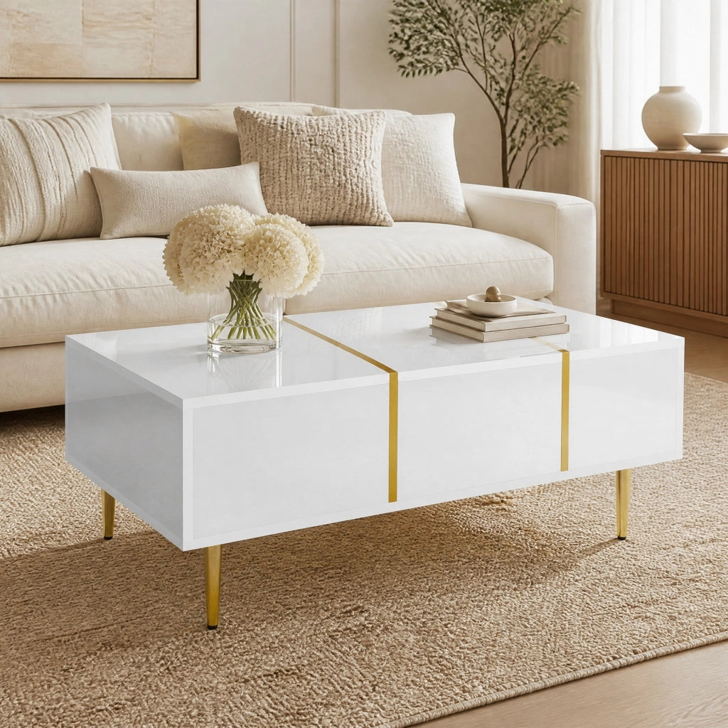 TAVOLINO DA CAFFÈ 100x60x41,5 cm Bianco Lucido MDF con 2 Cassetti