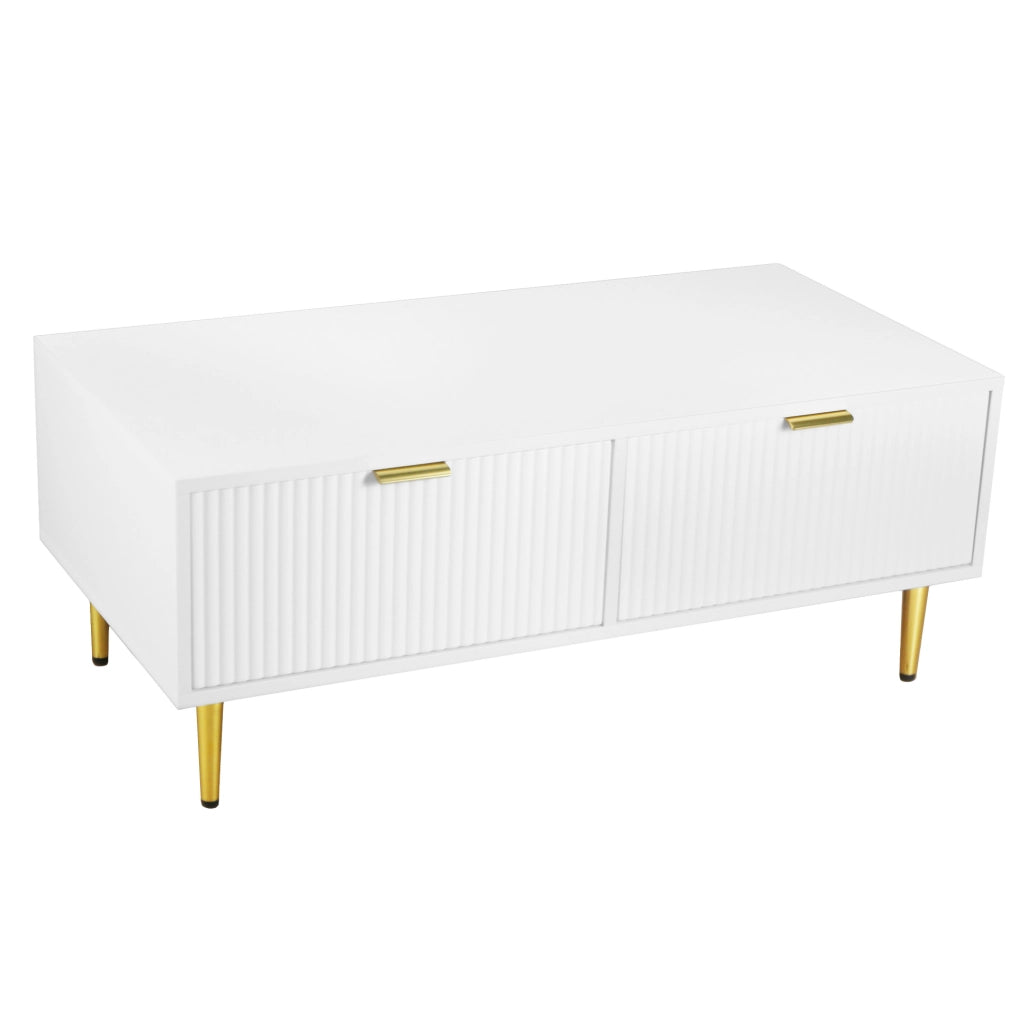 Tavolino basso 100x50x40 cm bianco MDF, 2 cassetti dorati