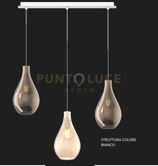 SOSPENSIONE BIANCO 3 LUCI RETTANGOLARE VETRI (1 PICCOLO AMBRA+2 PICCOLI BRONZO) 1193BI-S3 RP-AB