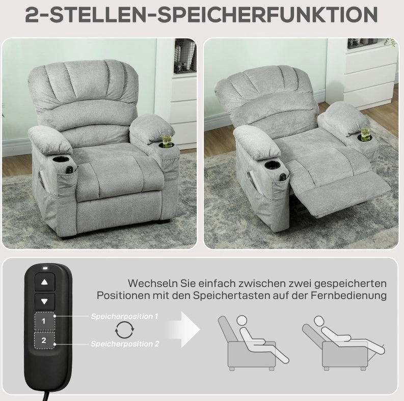 Poltrona relax elettrica grigia con USB e 2 memorie