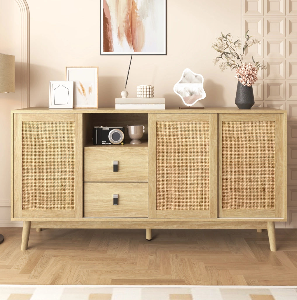 Madia 155x38x80 cm con 2 cassetti e ante scorrevoli in rattan; MDF e pannello truciolare