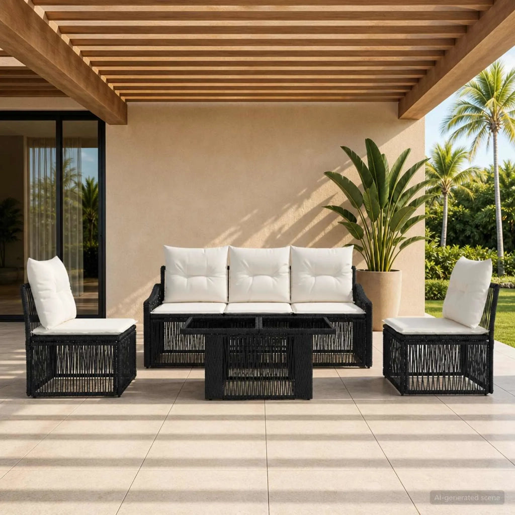 Set Divano da Giardino 6 pz Nero e Bianco Crema polyrattan 3437227