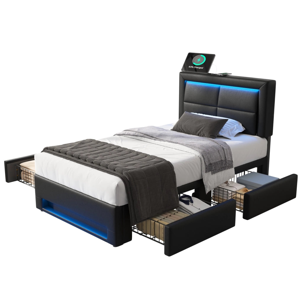 Letto imbottito 90x190 cm in PU nero con USB, LED e 4 cassetti