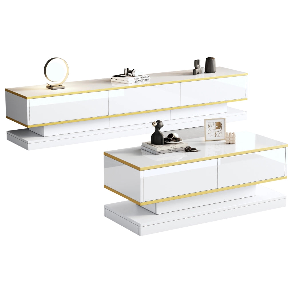 Set Mobile TV e Tavolino da Salotto ¨C MINIMAL ¨C Bianco Lucido, Cassetti, Oro