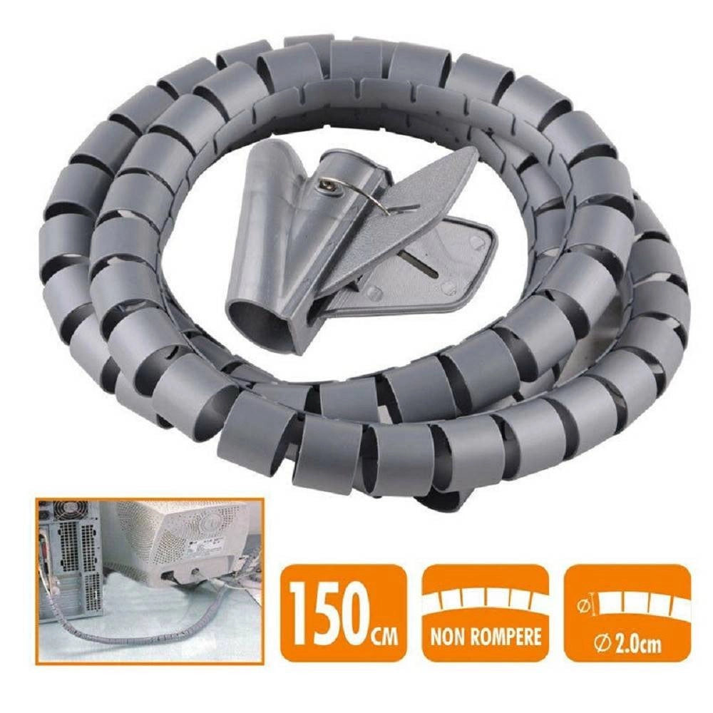 Trade Shop - Raccogli Cavo Spiralato Organizer Copri Fili Cavi Elettrici 2 Cm X 1,5 Mt Grigio -