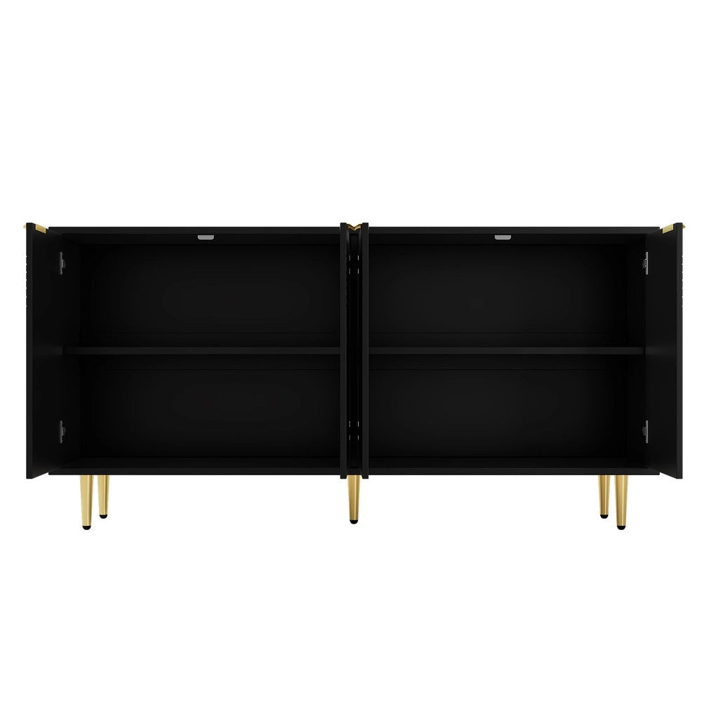 Credenza Soggiorno 4 Ante ¨C MINIMAL ¨C Nero Lucido, Gambe in Metallo Dorate, 160x80x40 cm