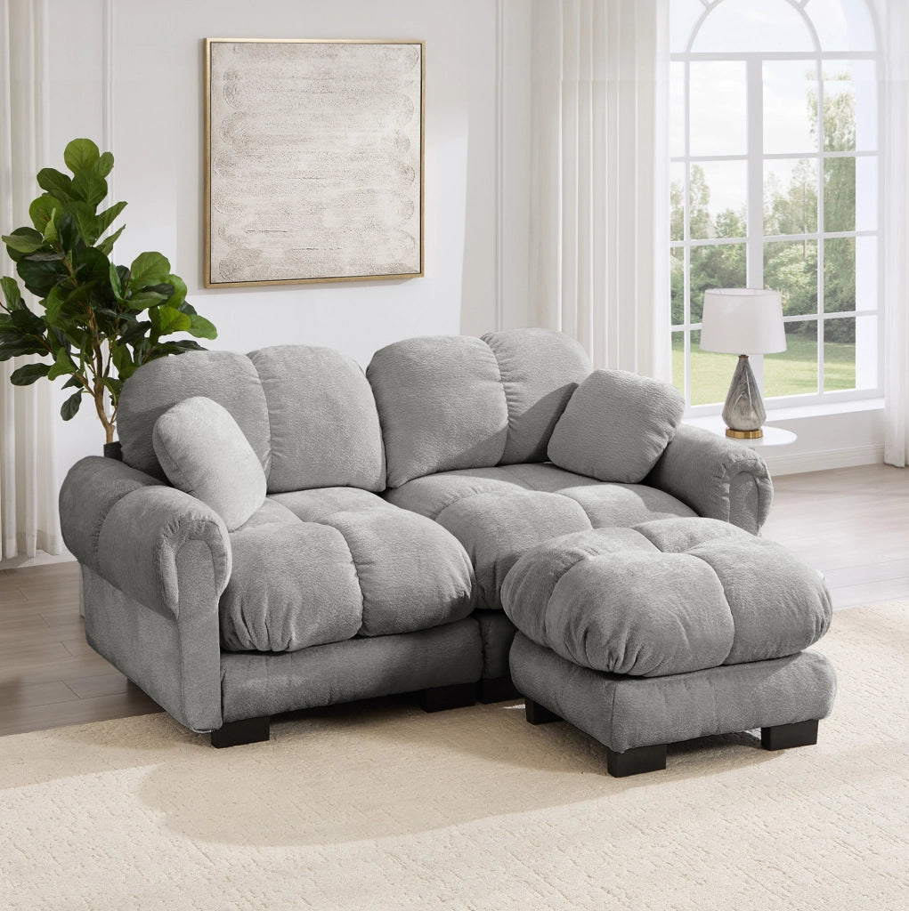 Divano angolare modulare 2 posti in chenille grigio chiaro con pouf mobile e cuscini spessi 190x149x90 cm