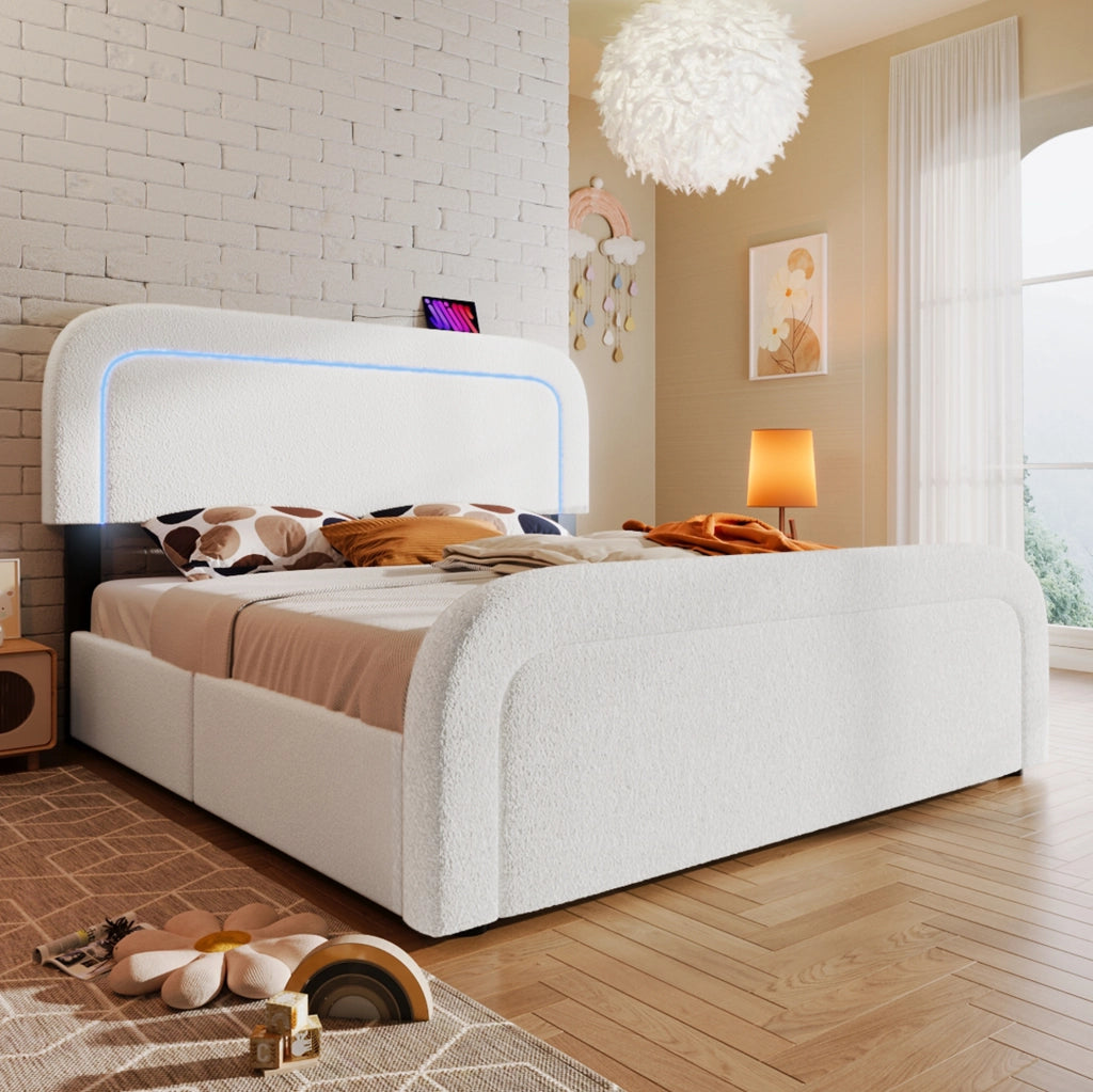 Letto imbottito 140x200 cm in Sherpa bianco con LED, USB/Type-C e 4 cassetti