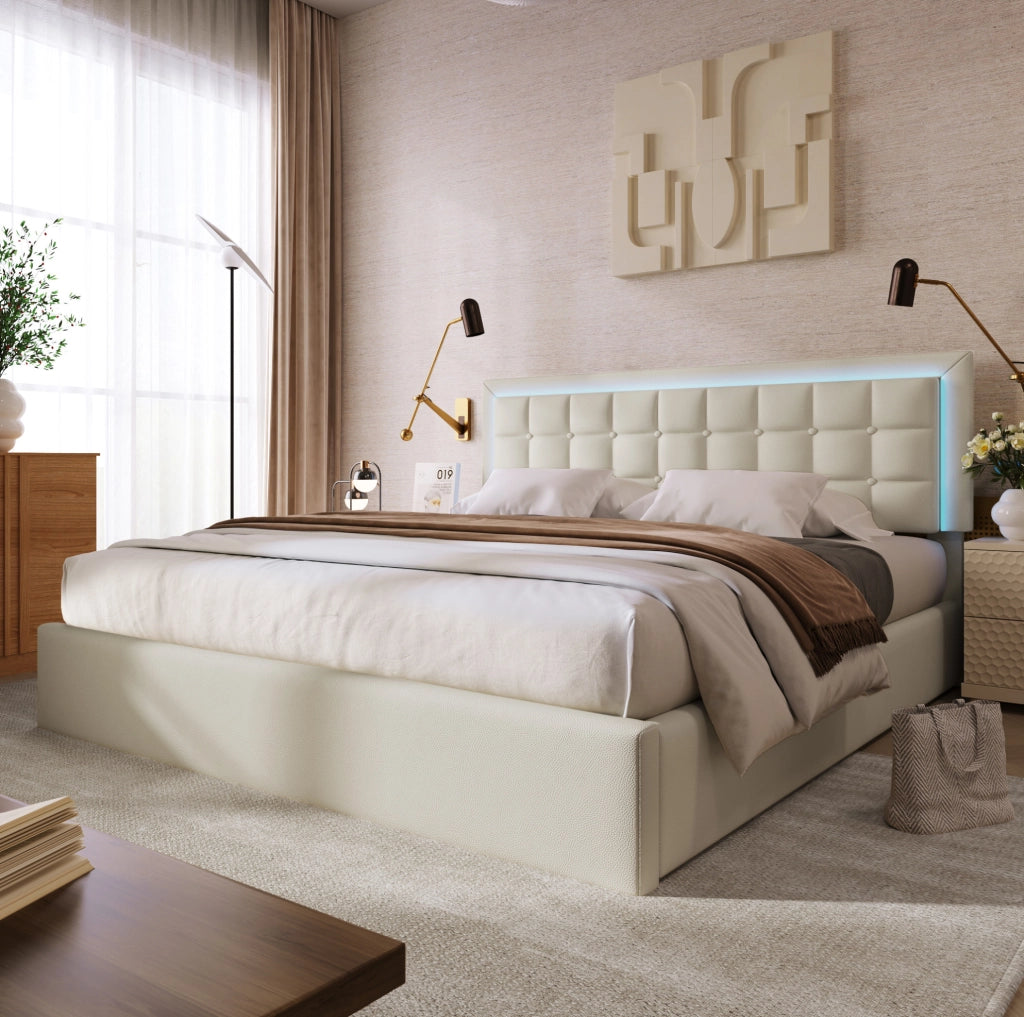Letto matrimoniale 140x200 cm con LED; contenitore idraulico; PU bianco e materasso